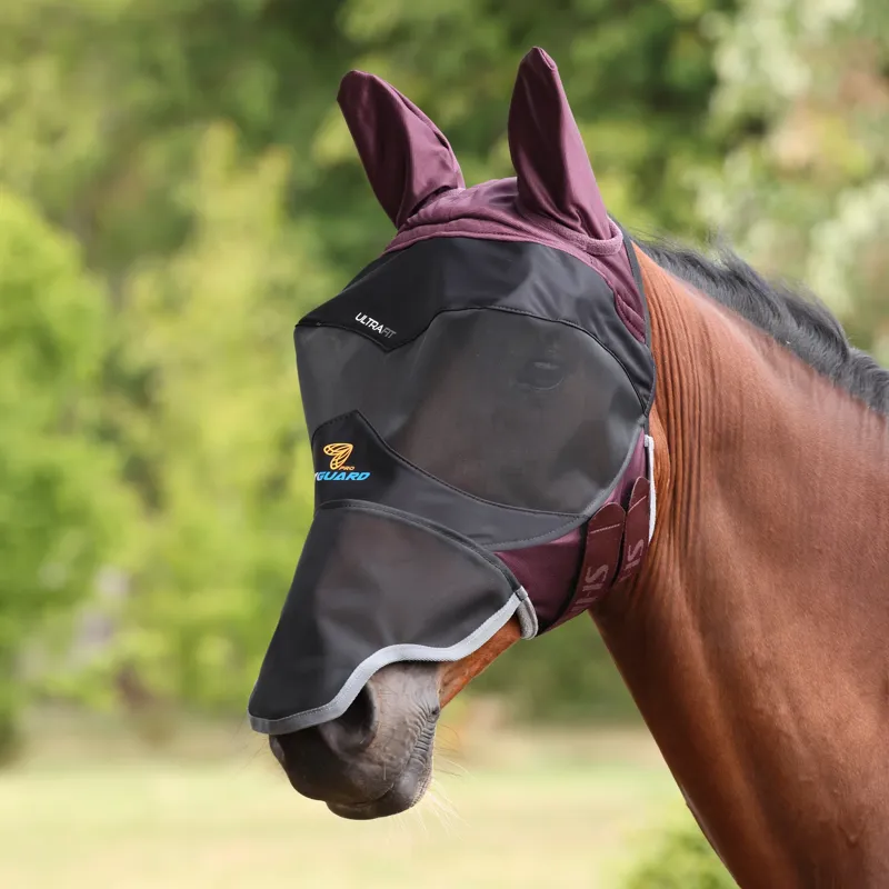 Shires Deluxe Fly Mask With Ears And Nose Pony - Burgundy-1
